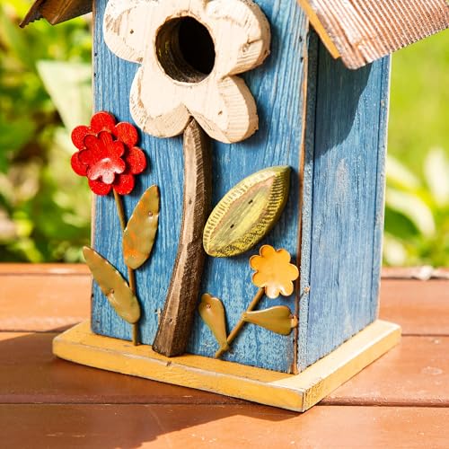 glitzhome GH90097 Distressed Decorative Solid Wood Birdhouse, 10.25 Inch Tall, Blue