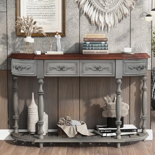 Amposei Retro Wood Curved Console Table 52-Inch Half Moon Hall Sofa Table Entryway Table with Drawers & Shelf for Living Room Home Furniture (Antique Gray)