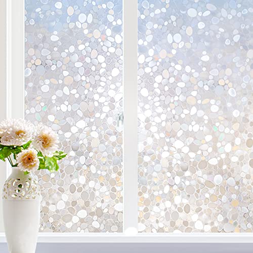 rabbitgoo Window Privacy Film, Decorative Window Clings, UV Blocking Window Coverings Static Cling Non Adhesive Door Stickers, Stained Glass Rainbow Window Vinyl, 3D Pebble, 17.5 x 78.7 inches