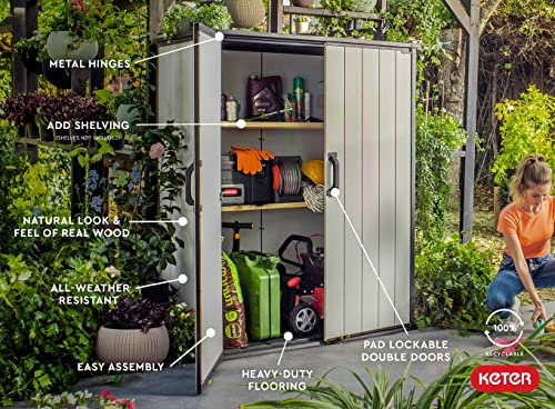 Keter Premier Tall 4.6 x 5.6 ft. Resin Outdoor Storage Shed with Shelving Brackets for Patio Furniture, Pool Accessories, and Bikes, Grey & Black