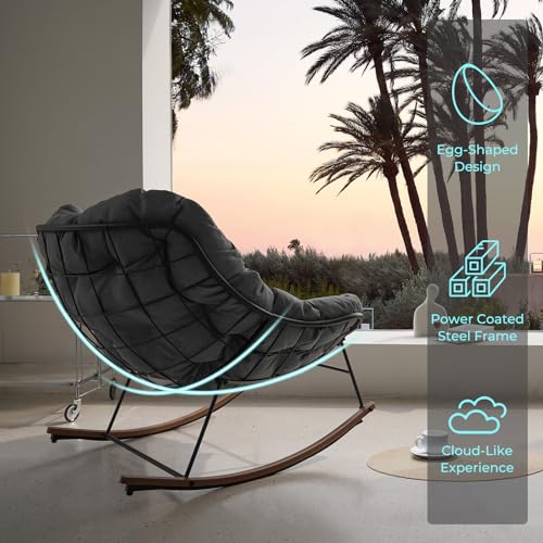 Grand patio Rocking Chair Outdoor, E-Coated Papasan Rocking Chair with Cushion, Outdoor Rocker Recliner Chair for Patio Porch Garden Backyard, Grey