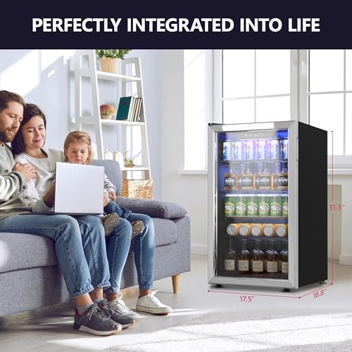 Icyglee Beverage Refrigerator Cooler - 126 Can Mini Fridge with Glass Door Freestanding for Soda Beer or Wine, Beverage Cooler for Home, Office, Bar with Adjustable Removable Shelves, Sliver.