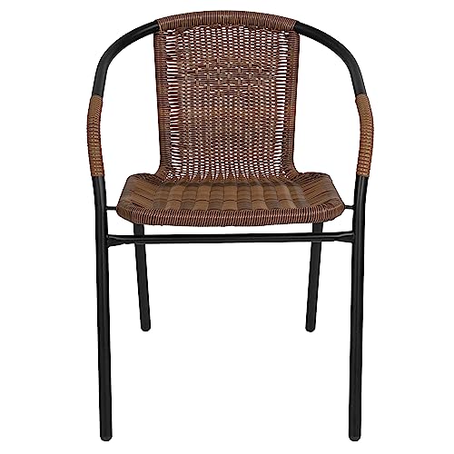 Flash Furniture Lila Modern Rattan Indoor/Outdoor Stackable Dining Chairs, Stacking Rattan Bistro Chairs for Patio or Restaurant, Set of 4, Brown