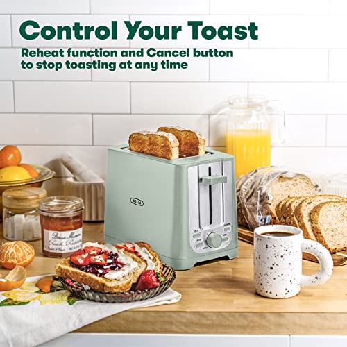 BELLA 2 Slice Toaster with Auto Shut Off - Extra Wide Slots & Removable Crumb Tray and Cancel, Defrost & Reheat Function - Toast Bread, Bagel & Waffle, Sage
