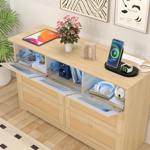 Yeyawomy Dresser for Bedroom with LED Light,Rattan 7 Drawer Dresser with Charging Station,Dressers & Chests of Drawers,Wooden Long Dresser for Bedroom,Hallway, Entryway