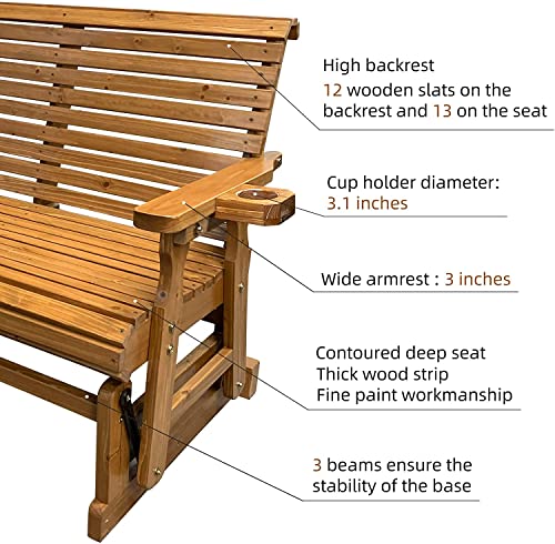 Fortune Candy Patio Glider with Cup Holders, High Roll Back and Deep Contoured Seat, 2-Seater, Heavy Duty 800 Lb, 4 Feet (Brown 4 Ft)