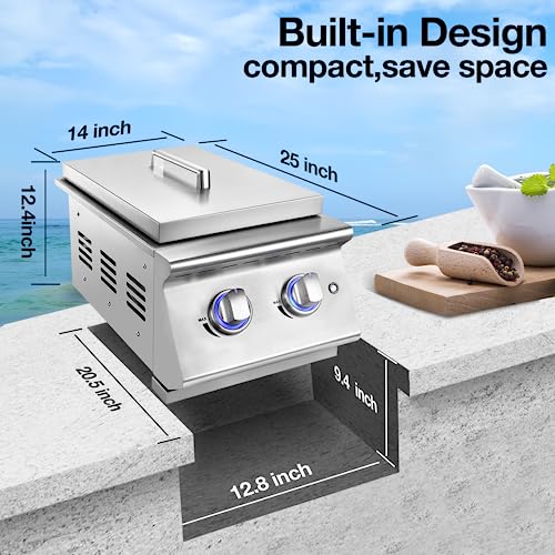 Double Grilling Side Burners for Outdoor Kitchen, 2 * 15,000BTU Liquid Propane Burners, Duty Heavy 304 Stainless Steel, with Natural Gas Kit, Built-in Side Burner for BBQ Island Grill