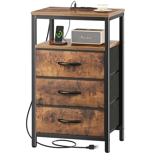Huuger Nightstand with Charging Station, 27.6 Inch Bedside Table with Fabric Drawers, End Table Side Table with USB Ports and Outlets, Night Stand for Bedroom, Rustic Brown
