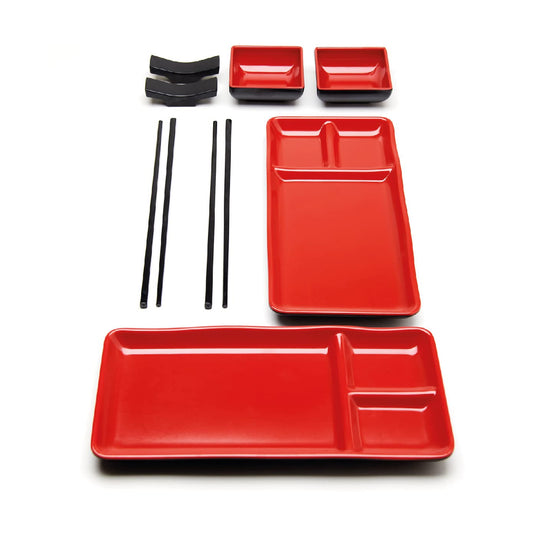 Goliber 8 Piece Japanese Style Sushi Plate Dinnerware Set - Includes 2 Sushi Plates, 2 Sauce Dishes, 2 Pairs of Chopsticks, 2 Chopsticks Holders (Red)