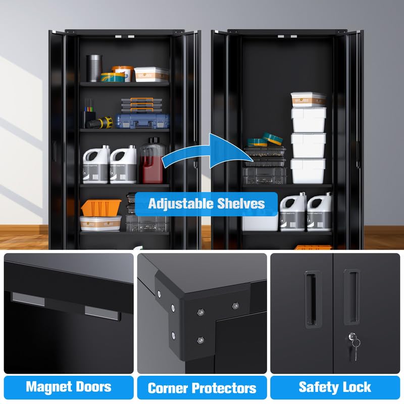 Aobabo Garage Storage Cabinet with Wheels,72" H Metal Storage Cabinet with 2 Doors and 4 Adjustable Shelves for Garage Home Storage, Black,Required-Assembly