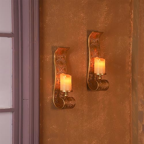 Capesaro Wall Candle Sconce Set of 2,Metal Wall Mounted Candle Holder for Home,Living Room, Bathroom, Dining Room Decorations,Gold