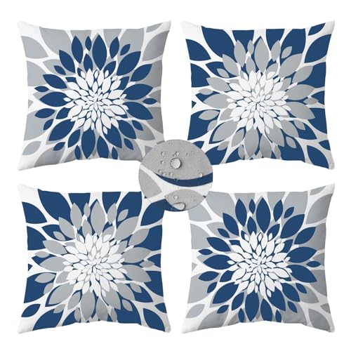 Qahing Pack of 4 Outdoor Waterproof Pillow Covers 18x18 Decorative Outdoor Throw Pillows Garden Square Cushion Cases for Patio Furniture, Couch, Tent Sunbrella, Bench, Blue Grey