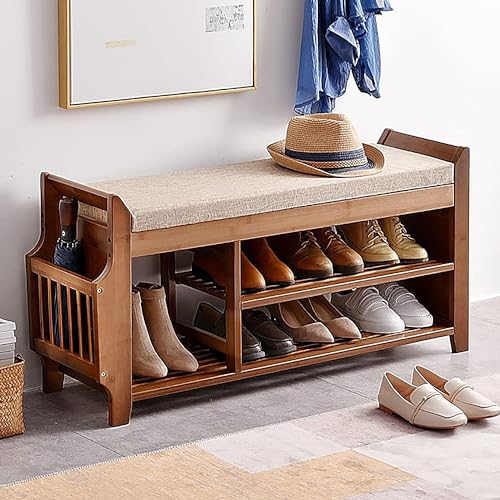 PETKABOO 2 Tier Shoe Bench, Shoe Rack with Hidden Drawer and Side Holder, Shoe Storage Bench Organizer for Entryway Hallway Living Room, Bamboo Material