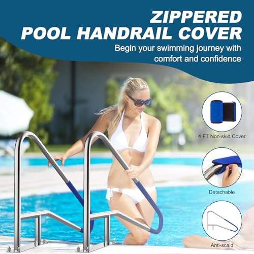 Oswerpon Pool Handrail, 54" x 36" Pool Railings for Inground Pools, 304 Stainless Steel Pool Handrails with Blue Nylon Grip Cover & Inflatable Float Hammock, Quick Mount Accessory Included