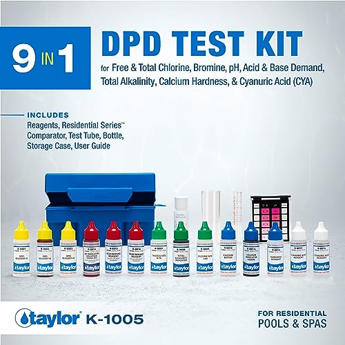 Taylor K-1005 DPD, 9-in-1 Pool Test Kit for Test Kit for Free & Total Chlorine, Bromine, pH, Acid & Base Demand, Total Alkalinity, Calcium Hardness, Cyanuric Acid | Made in The USA