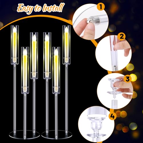 8 Set Acrylic Candelabra Centerpieces 3 Arm Clear Floor Candlesticks Candle Holders with Acrylic Shade Base 0.87" LED Candles Decoration for Wedding Party