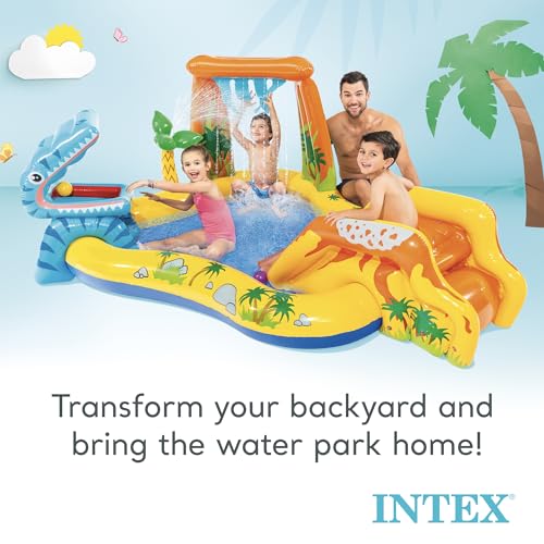 Intex Inflatable Dinosaur Play Center Outdoor Playhouse Inflatable Water Park with Kid Pool Slide, Water Sprayer, Waterfall, and 6 Balls, Multicolor