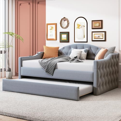 Velvet Upholstered Daybed with Pop Up Trundle with USB&Type-C Ports, Twin Size Day Bed Sofa Bed, Modern Twin Daybed Frame, Extendable Frame for Kids Teens Adults,Living Room, Bedroom, New (Gray+I)