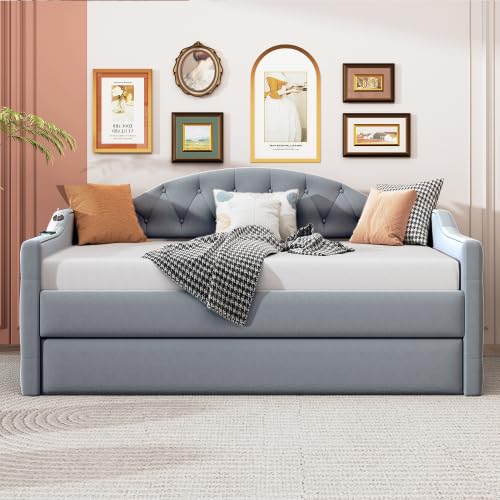 Velvet Upholstered Daybed with Pop Up Trundle with USB&Type-C Ports, Twin Size Day Bed Sofa Bed, Modern Twin Daybed Frame, Extendable Frame for Kids Teens Adults,Living Room, Bedroom, New (Gray+I)