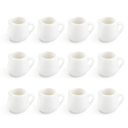 12PCS Mini Ceramic Creamer, 3 OZ Small Porcelain Creamer Pitcher, Small Syrup Pitcher, Coffee Creamer Pitcher, Creamer Dispenser, White Ceramic Pitcher for Coffee Tea Milk Sauce with Handle