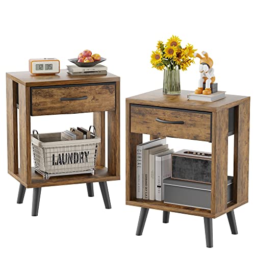 GYIIYUO Nightstand Set of 2 with Fabric Drawers and Open Shelves - Rustic Bedroom Side Tables