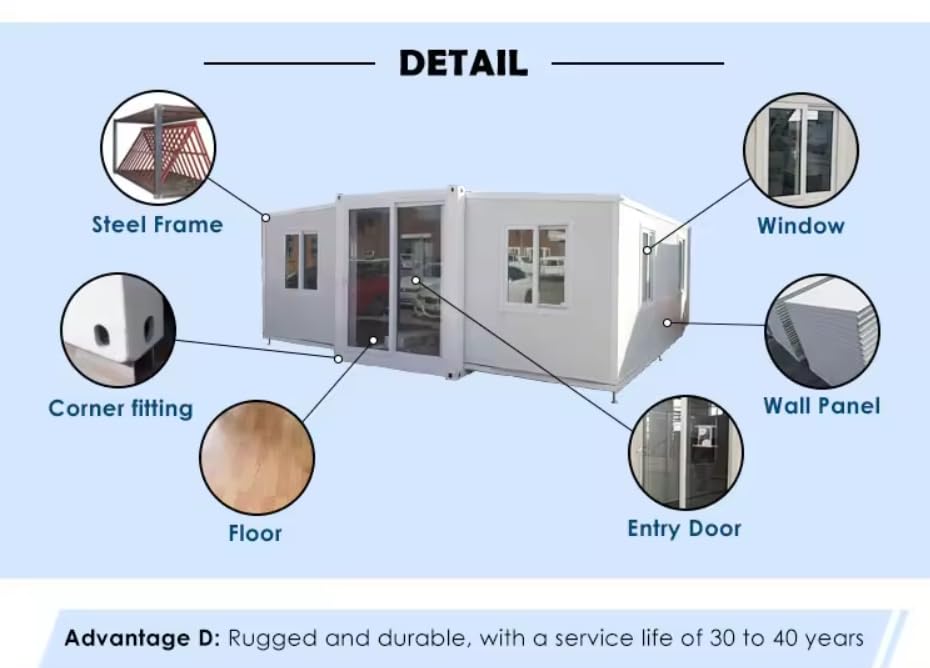 Portable Prefab 3 Bedroom Bathroom, Kitchen Home 21x40ft, Container House, Mobile Expandable Plastic Steel Prefab House for Hotel, Booth, Office, Guard House, Shop, Villa, Warehouse, Airbnb