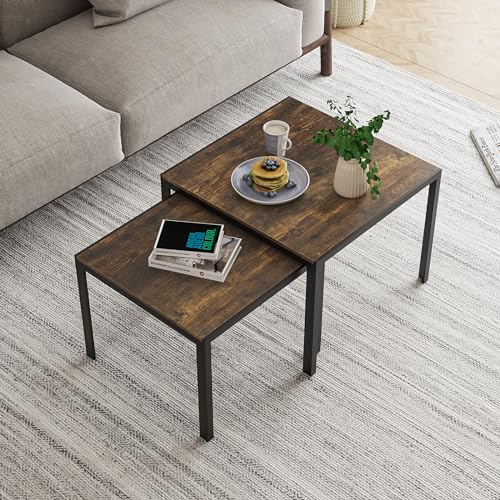 Smuxee Nesting Coffee Table Set of 2, Square Modern Stacking Table with Wood Finish, Industrial End Table Side Tables for Living Room Bedroom Balcony Yard Rustic Brown
