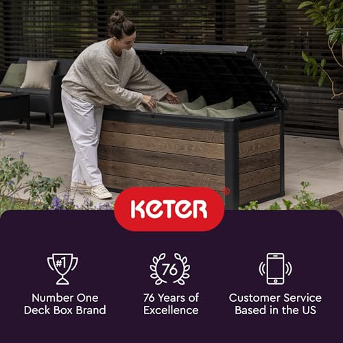 Keter Kentwood 92 Gallon Resin Deck Box-Organization and Storage for Patio Furniture Outdoor Cushions, Throw Pillows, Garden Tools and Pool Floats, Brown