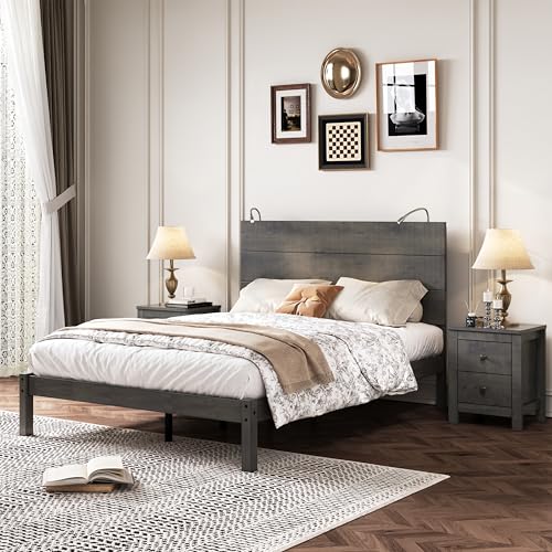 Linique Rustic Style 3-Pieces Bedroom Sets,Full Size Farmhouse Platform Bed with Two Bedside Lights, 2-Drawer Nightstand,Antique Gray