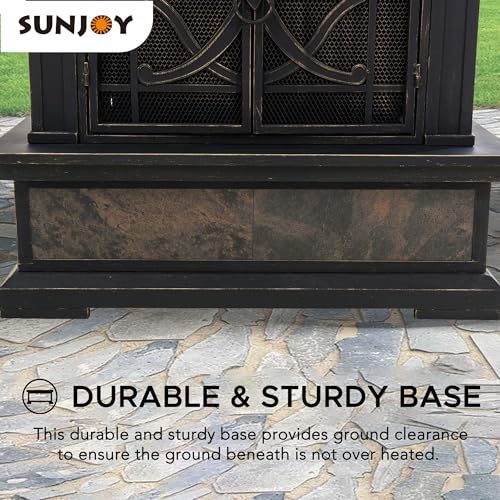 Sunjoy Outdoor Fireplace, Stone Look Tile Patio Wood Burning Steel Fireplace with Chimney, Spark Screen, Fire Poker, Rain Cover, and Removable Grate, Copper with Gray Tile