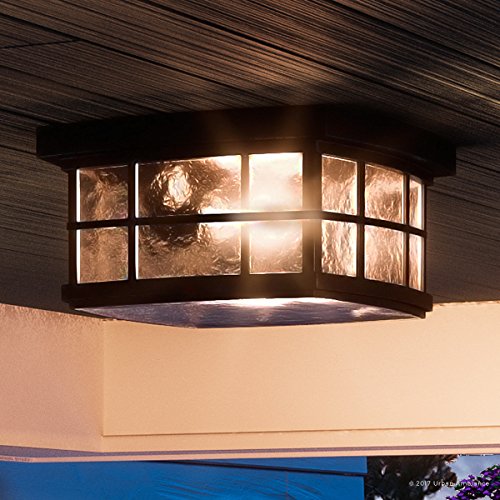 Urban Ambiance Luxury Craftsman Outdoor Ceiling Light, Small Size: 5.75" H x 12" W, with Tudor Style Elements, Highly-Detailed Design, High-End Black Silk Finish and Water Glass, UQL1248
