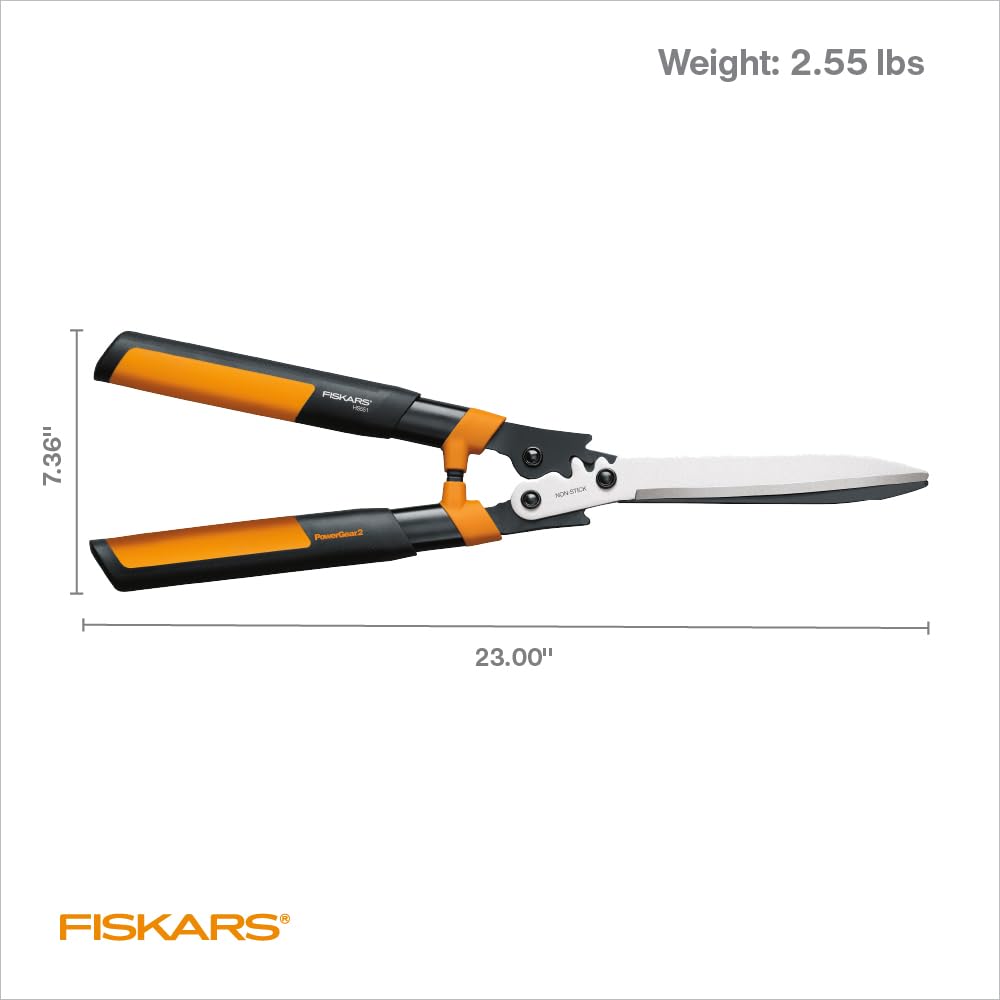 Fiskars 23-Inch Hedge Shears, Bush Trimmer with PowerGear2 Design That Provides 3X More Power on Every Cut, SoftGrip handles with Shock-Absorbing Bumpers