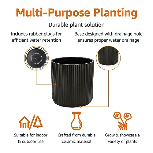 Amazon Basics Fluted Ceramic Round Planter, 10-Inch, Black