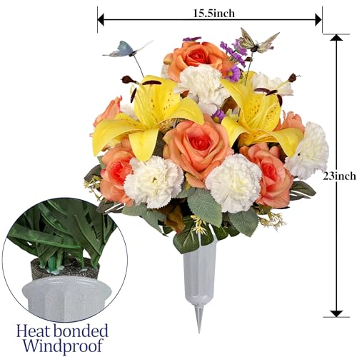 Saxili 1Artificial Headstone Flower Saddle and 2 Cemetery Flowers with Vases - Vivid Spring Grave Flower for Tombstone - Outdoor Headstone Flower Decorations - Lily Rose Carnations Daisy