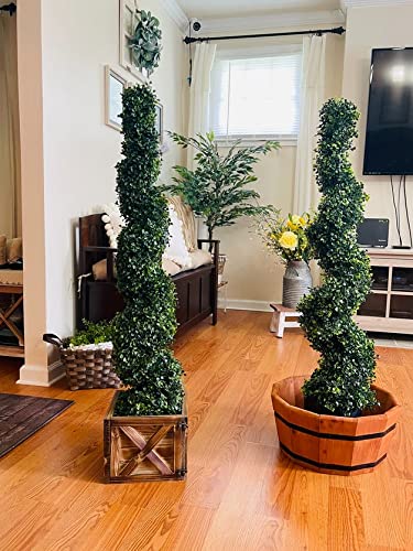 Two 4 Foot Outdoor Artificial Boxwood Spiral Topiary Trees UV Rated Plants