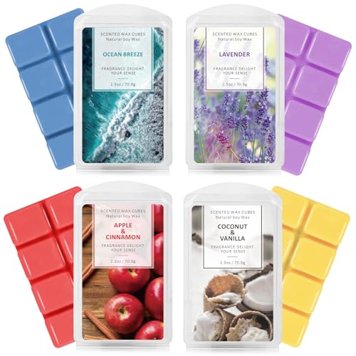 SCENTORINI Wax Melts, Scented Wax Melts Wax Cubes Strong Scent, Natural Soy Wax for Wax Warmer 4 Pack- Ocean Breeze, Vanilla Coconut, Cinnamon, Lavender