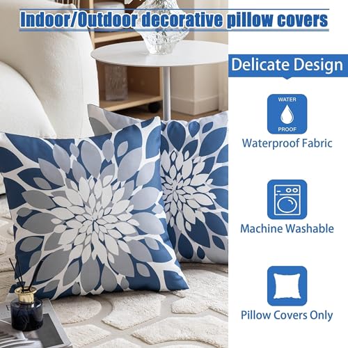 Qahing Pack of 4 Outdoor Waterproof Pillow Covers 18x18 Decorative Outdoor Throw Pillows Garden Square Cushion Cases for Patio Furniture, Couch, Tent Sunbrella, Bench, Blue Grey