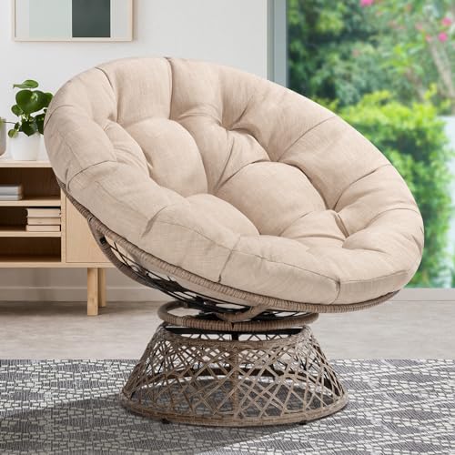 Bme Ergonomic Wicker Papasan Chair with Soft Thick Density Fabric Cushion, High Capacity Steel Frame, 360 Degree Swivel for Living, Bedroom, Reading Room, Lounge, Sepia Sand - Brown Base