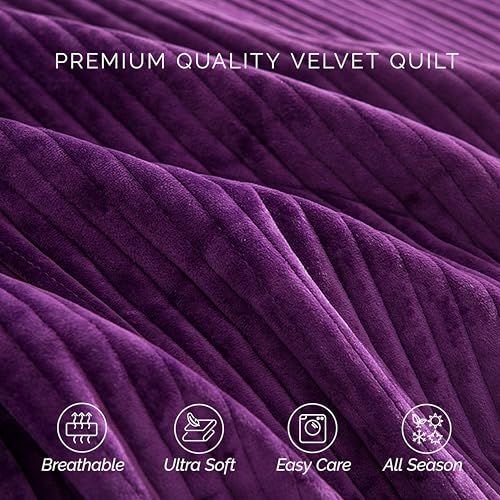 Elegant Comfort Luxury 3-Piece Velvet Corduroy Stripe Quilt Set, Ultra Soft Bedspread - Cozy Velvet Coverlet Set - 3PC Medium Weight Quilted Set with Matching Pillow Shams, Twin XL, Purple