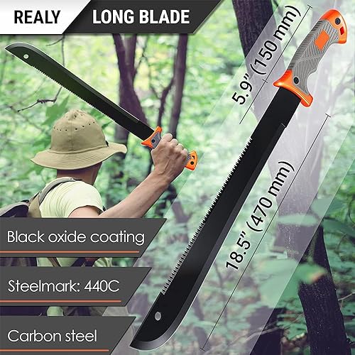 Machete with Saw - 25” Heavy Duty Tool & Sheath - Ergonomic No-Slip Handle - Survival Knife with Serrated Blade - Machetes for Bushcraft Outdoor Hunting Garden Cutting Trees and Yard Work 13153