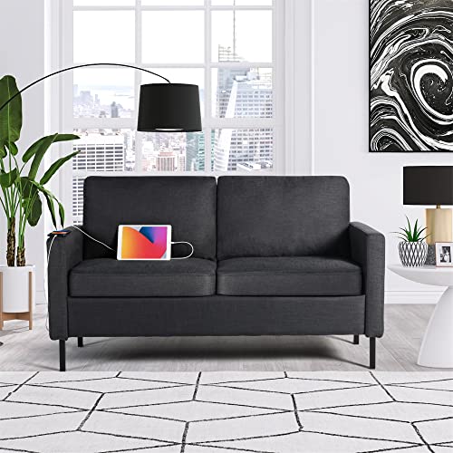 STHOUYN 56" W Fabric Loveseat Sofa with 2 USB, Small Couches for Living Room, Bedroom, Office, Easy Assembly & Comfy Cushion, Dark Grey