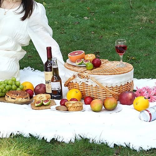 Wicker Picnic Basket with Removable Liner, Empty Picnic Baskets with Lid, Vintage-Style Picnic Hamper with Folding Woven Handle for Picnic, Camping, Outdoor, Halloween, Thanks Giving, Birthday (Cream)