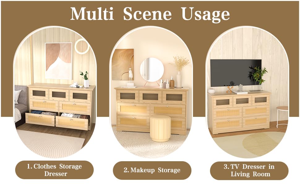 Yeyawomy Dresser for Bedroom with LED Light,Rattan 7 Drawer Dresser with Charging Station,Dressers & Chests of Drawers,Wooden Long Dresser for Bedroom,Hallway, Entryway