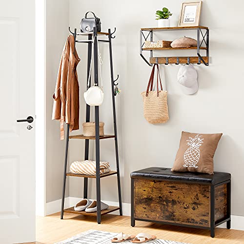 VASAGLE ALINRU Coat Rack with 3 Shelves, Stand with Hooks for Scarves, Bags and Umbrellas, Steel Frame, Industrial Style, Rustic Brown and Black ULCR80X