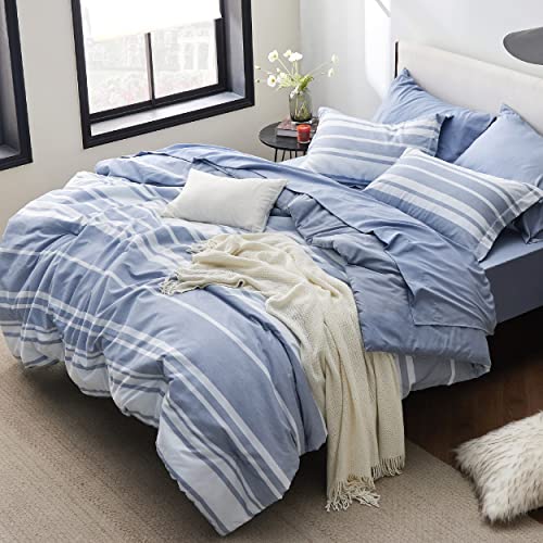 Bedsure California King Comforter Set 7 Pieces, Blue White Striped Bedding Comforter Sets All Season Bed Set, Bed in a Bag with Comforter, Sheets, Pillowcases & Shams