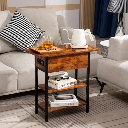 Yoobure End Table with Charging Station, Flip Top Side Table with USB Ports and Outlets, Sofa Couch Table Bedside Table for Living Room Bedroom, Narrow Nightstand with Storage Shelves for Small Space