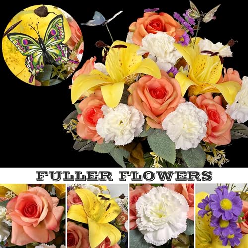 Saxili 1Artificial Headstone Flower Saddle and 2 Cemetery Flowers with Vases - Vivid Spring Grave Flower for Tombstone - Outdoor Headstone Flower Decorations - Lily Rose Carnations Daisy