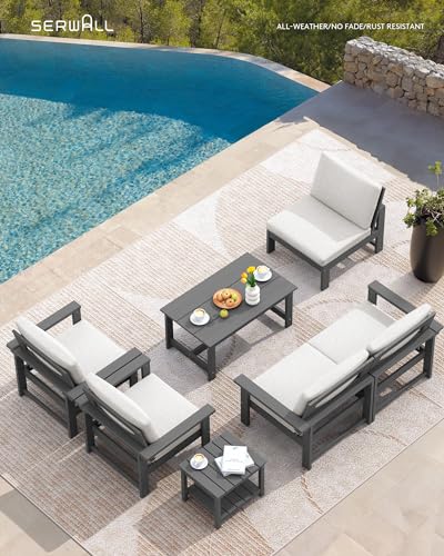 SERWALL HDPE Patio Coversation Set, 7-Piece Outdoor Sectional Sofa Set, All Weather Patio Couch Set Patio Furniture for Balcony, Deck, Grey Frame with Khaki Cushion