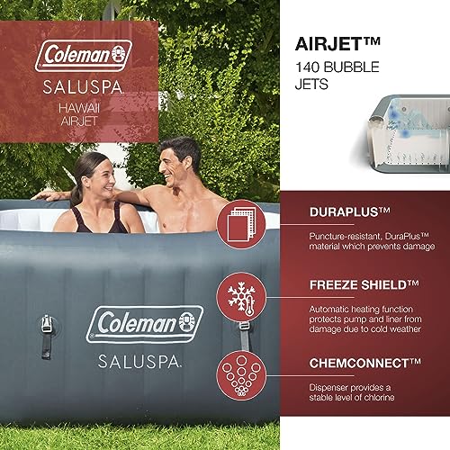 Coleman SaluSpa AirJet 4 to 6 Person Inflatable Hot Tub Square Portable Outdoor Spa with 114 Soothing AirJets and Insulated Cover, Gray