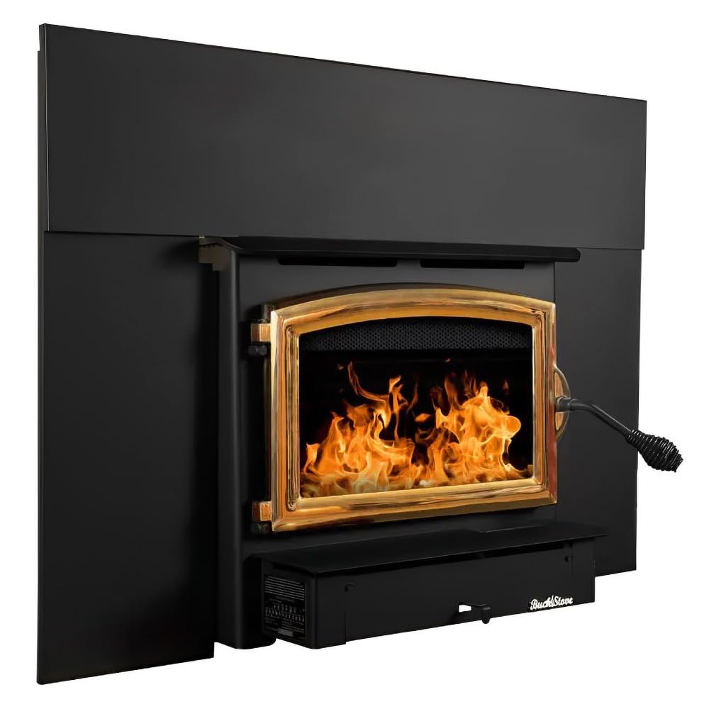 Buck Stove Fireplace Insert Model 21 | Non-Catalytic, 28,901 BTUs (Covers 1,800 Square Feet) | Wood Burning with Heat Activated Blower | Gold Door with 9" Faceplate Trim Kit